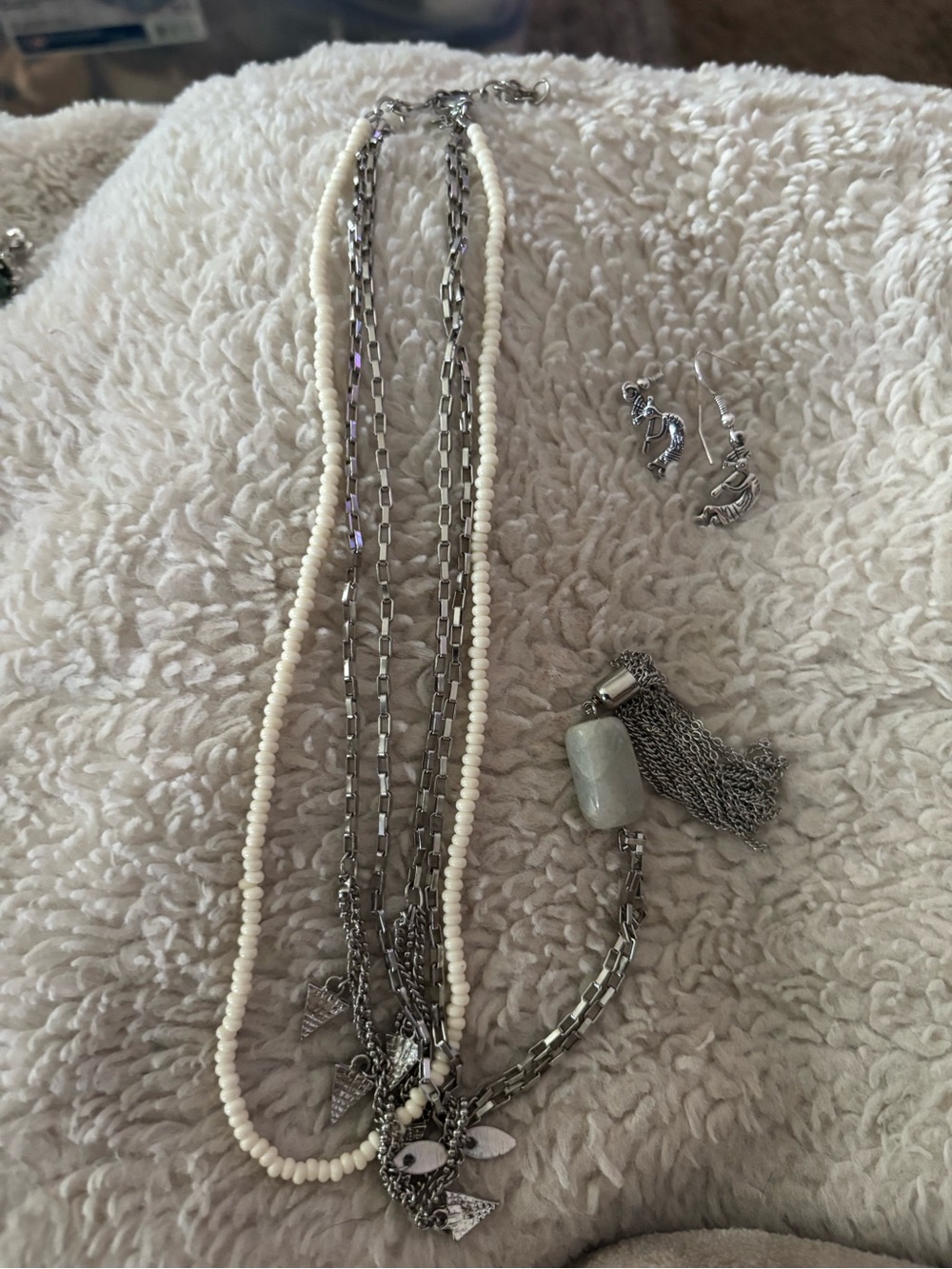 Layered Cream Bead and Silver-Tone Chain Necklace with Tassel Pendant